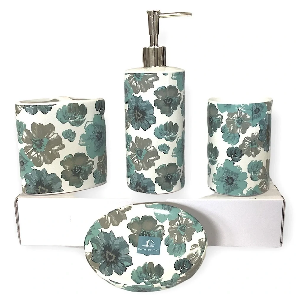 Floral Bath Accessory Ceramic Set Sun Splash Collection White Blue 4 Piece Set
